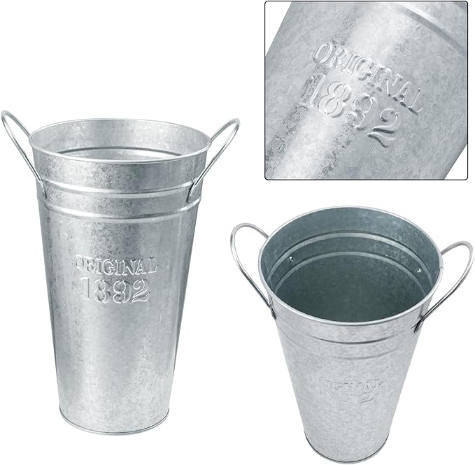 6 Packs 8 & 10 Inch Tall Galvanized Metal Flower Vases with Handles, Metal Flower Buckets for Cut Flowers, Country Wedding, Table Centerpiece Decorations(Sliver)