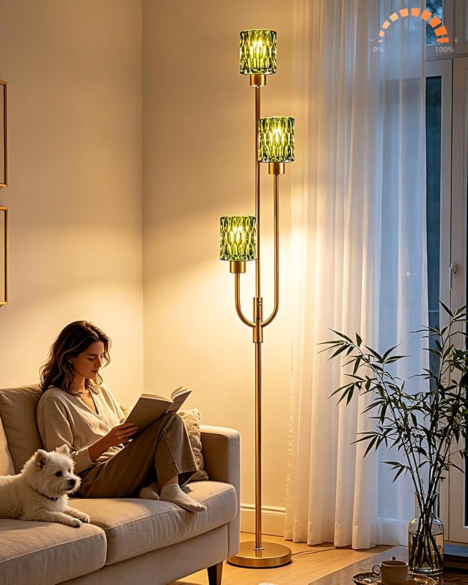66IN Glass Floor Lamp 3-Lights Modern Gold Dimmable Floor Lamps with 3000K Warm White Bulbs for Wedding Party Modern Tall Standing Lamp with Green Glass Shade for Living Room/Bedroom/Home Decor