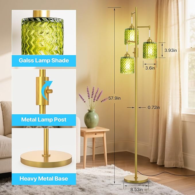 Brass Floor Lamp for Living Room, Vintage 3-Light Green Glass Standing Lamp, Brass Base Mid Century Modern, Retro Tree Design Tall Floor Lamp
