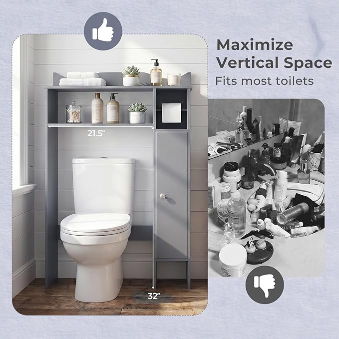 Tangkula Over the Toilet Storage Cabinet, Bathroom Organizer with Toilet Paper Holder, Adjustable Shelves, Freestanding Behind Toilet Stand, Perfect for Bathroom, Laundry (Gray)