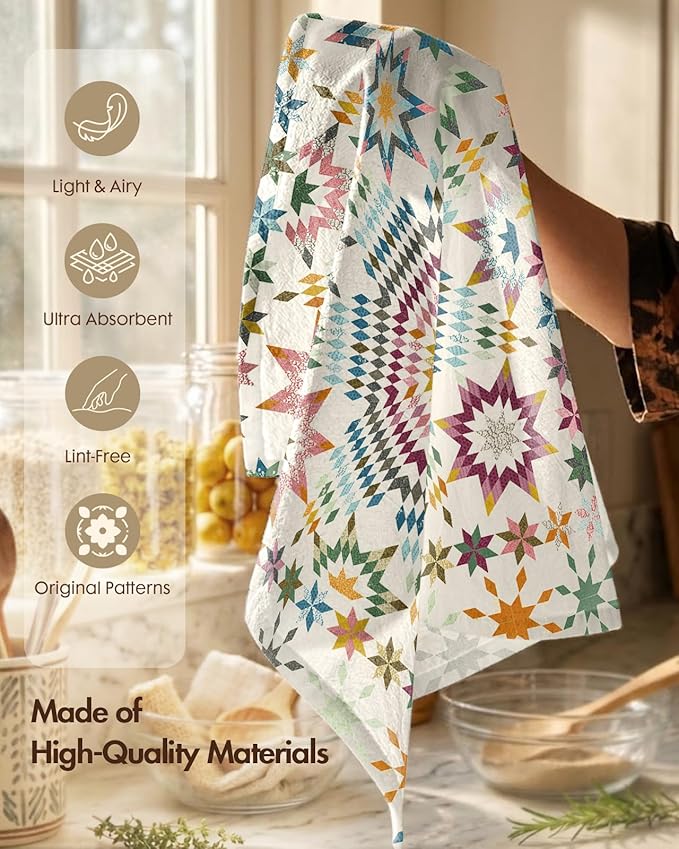 Miss Adola 4pcs Flour Sack Kitchen Towels - 16x26 Inch Cotton Dish Towels Set of 4 with Hanging Loop Reusable Geometric Boho Modern Retro Tea Towel Absorbent Dishcloths Home Decor, Starburst Design