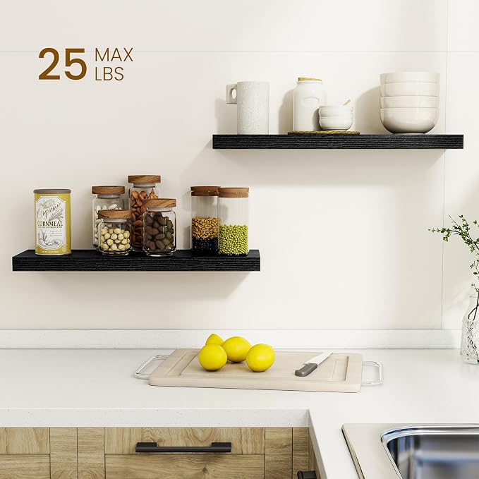 Dreamland 24Inch Floating Shelves for Wall, Rustic Wooden Black Floating Shelves for Bathroom|Bedroom|Kitchen, Deep Wall Mounted Book Shelf, Wood Storage Display Shelf for Home Decor, Set of 2
