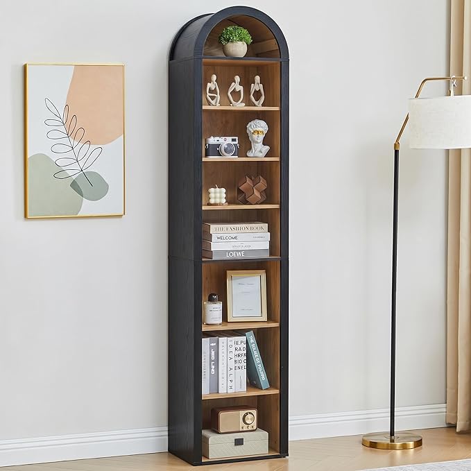 Turtle&Myrtle Tall Narrow Arched Bookshelf, 8-Tier Skinny Arch Bookcase for Small Space, Freestanding Storage Organizer with Adjustable Shelves, Open Display Shelves for Living Room, Entryway (Black)