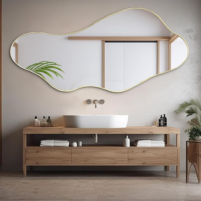 Large Irregular Wall Mirror, 63"x29.2" Asymmetrical Full Length Mirror with Gold Metal Frame, Organic Shaped Mirrors for Living Room Bedroom Hallway Entryway, Horizontal or Vertical Hanging