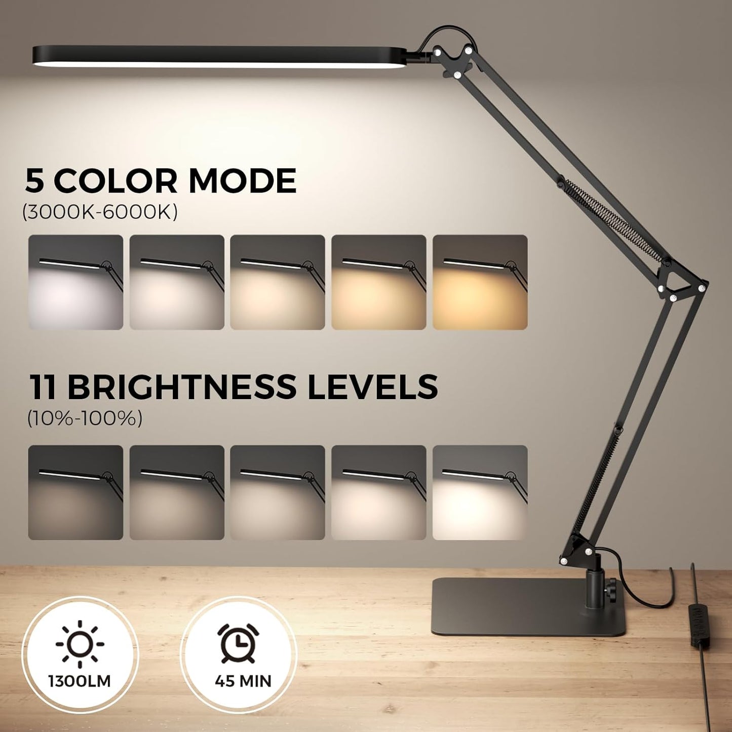 SKYLEO LED Desk Lamp - Adjustable Swing Arm, Dimmable, Eye Protection, 1300LM, 12W, Black