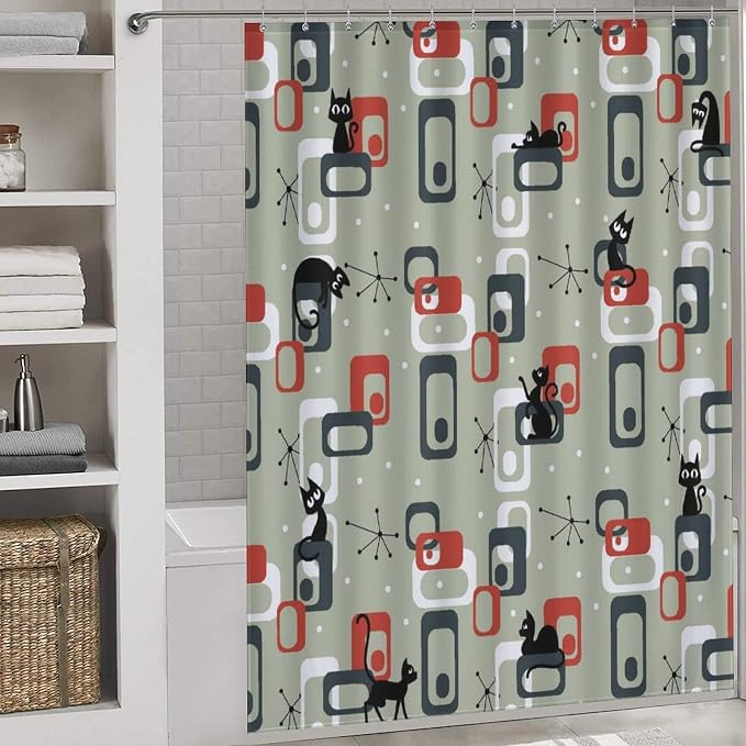 Mid Century Shower Curtain for Bathroom, Modern Cat Abstract Atomic Geometric Print Lovely Black Kittey Retro 1950s 1960s Black Waterproof Fabric Shower Curtain Set with Hooks, 72"x84" Inch