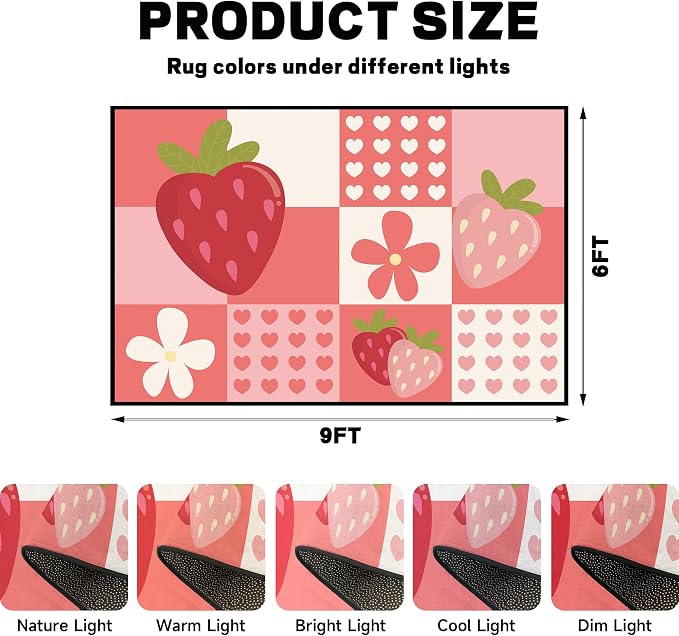 Strawberry Checkered Rug Cute Red Area Rug Love Flower Washable Carpet for Bedroom Living Room Nursery Kitchen Playroom Home Decor Soft Non Slip Floor Mat，6'x9'