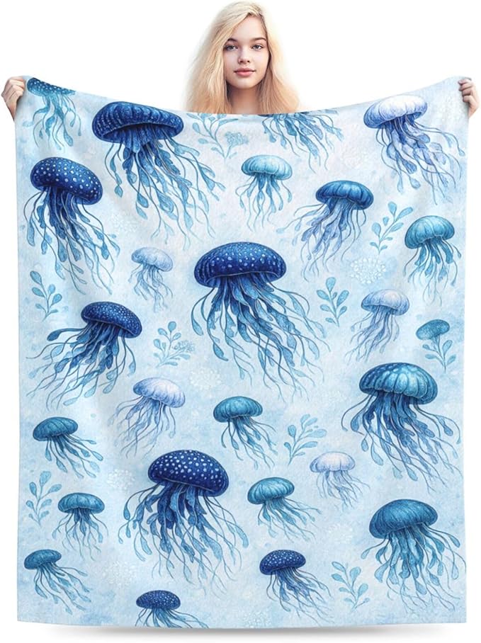 Jellyfish Blanket Marine Life Throw Blanket Blue Ocean Sea Soft Cozy Fleece Sealife Fuzzy Stuffed Plush Animal Flannel Gifts for Girls Women Boys Kids Adults 40''x50''