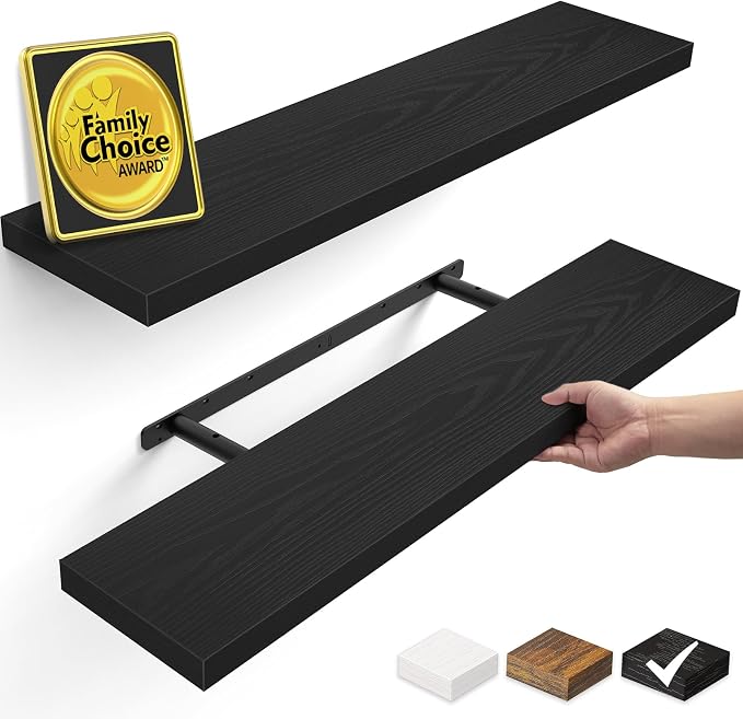 BAYKA Floating Shelves for Wall, Set of 2, 35.4 inches Long Wall Mounted Rustic Wood Shelves for Bathroom, Bedroom, Living Room, Kitchen, Office, Hanging Shelf for Books/Storage/Decor, Black