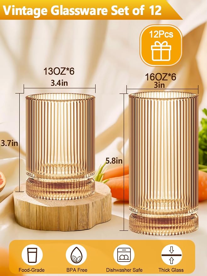 Ribbed Glassware Vintage Drinking Glasses 12Pcs Set （6 Highball Glasses 16Oz And 6 Rocks Glasses 13Oz） Amber Ribbed Glass Cups For Iced Coffee, Cocktails, Juice, Beer, Everyday Drinking