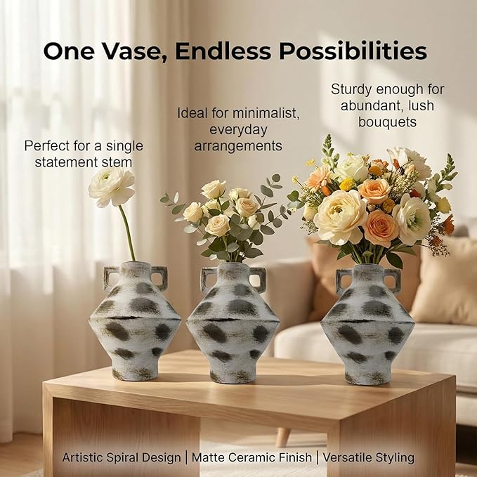 Ceramic Flower Vase, 11 inch Large Rustic Decorative Vases for Centerpieces, Farmhouse Vintage Vase for Home Decor, Dining Table, Living Room,Kitchen, Shelf (White&Brown)