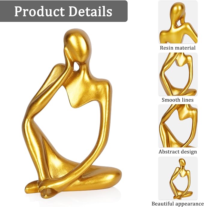 Sandstone Resin Thinker Style Abstract Sculpture Statue Collectible Figurines Home Office Bookshelf Desktop Decor (Small Gold, Left)
