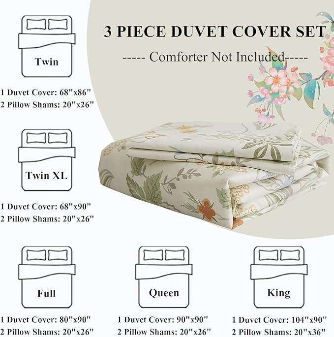 Chic Floral Duvet Cover Full Size Cotton Botanical Floral Bedding Sets Full Vintage Style Aesthetic Floral Comforter Cover Garden Flower Branches Pattern Full Bedding Sets with Zipper Closure 4 Ties