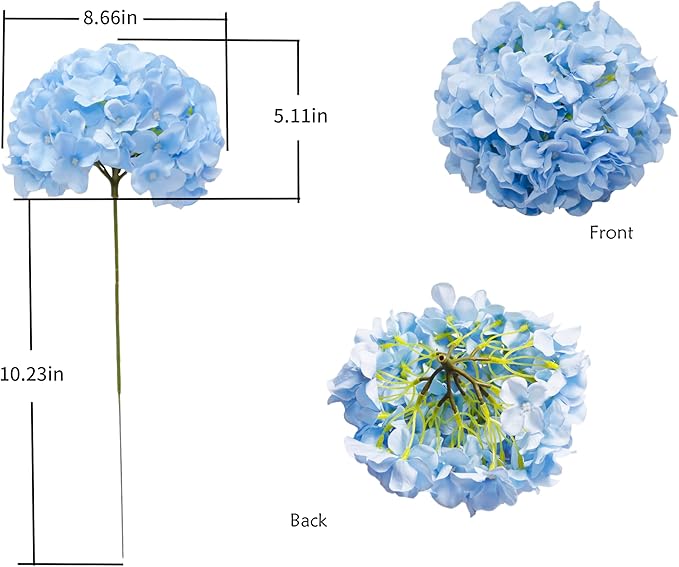 DuHouse Artificial Hydrangea Silk Flower Heads with Stem Fake Blue Hydrangea Bigger Flowers for Wedding Home Garden Centerpiece Pack of 6