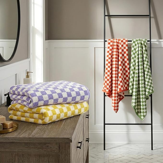 Jacquotha Checkered Bath Towels Set of 4-100% Cotton Towels for Bathroom, Shower, Pool & Beach (Purple, Yellow, Green, Orange), 520GSM