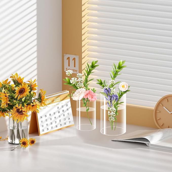 24 Pcs Plastic Vases for Centerpiece, 4 Inch & 6 Inch Small Clear Plastic Cylinder Flower Vase Bulk Acrylic Vases for Centerpiece Home Wedding Table (12pcs 4in + 12pcs 6in)