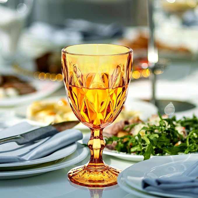 Yinder Glass Goblet Vintage Wine Goblet Embossed Glassware 10 oz Solid Color Glass Stemmed Cups for Iced Tea Beverage Soda Juice Water Liquor and Party Wedding Bars Restaurants(Amber,6 Pack)