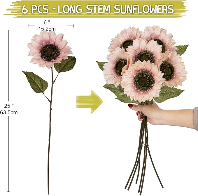 Hollyone Large Silk Pink Sunflowers Artificial Flowers 26" Long Stem Artificial Sunflower 6 Pcs Tall Fake Sun Flowers Vintage Faux Sunflowers Bulk with Stem for Home Wedding Birthday Party Decor
