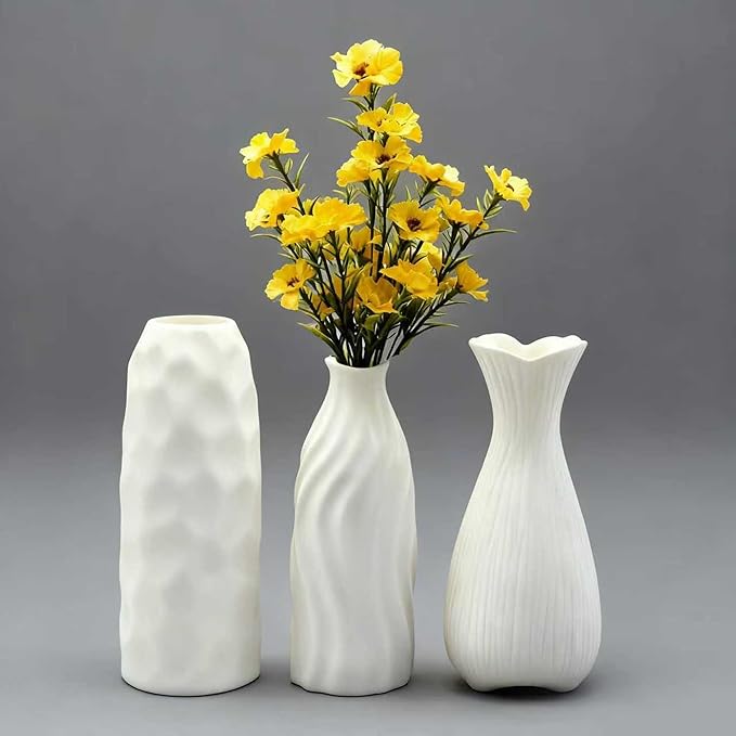 White Ceramic Vase Set Home Decor – Farmhouse & Boho Decorative Vase Set for Kitchen, Living Room, Bedroom, Office, Bookshelf Decor, Bathroom, Centerpiece Table Decor