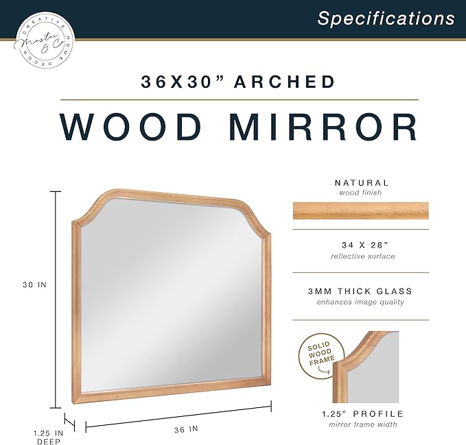 MCS Master & Co. 36x30 Mirror with Natural Woodgrain Solid Wood Frame, Arched Wall Hanging Large Mirror for Bathroom, Bedroom & Livingroom