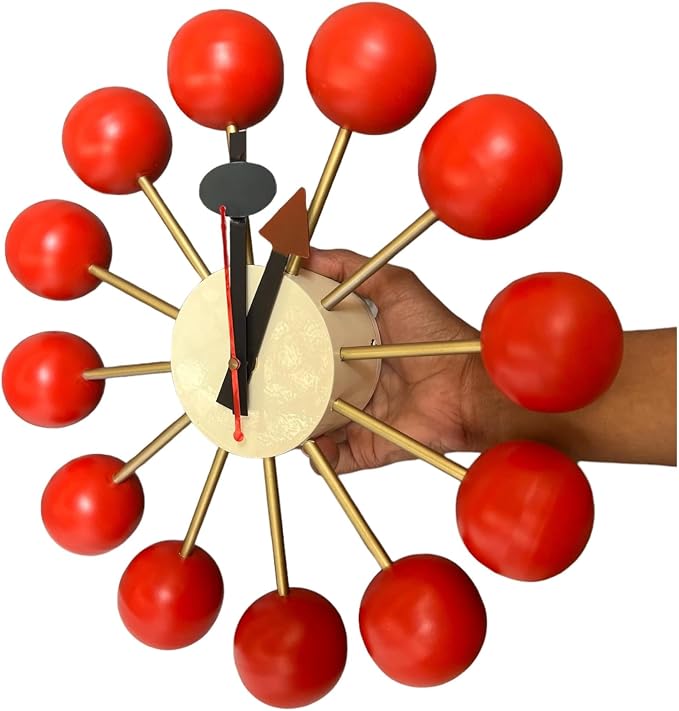 Mid Century Modern Ball Clock – George Nelson Style Wooden Wall Clock, Retro Starburst Design, Silent Non-Ticking Decorative Wall Decor for Living Room, Office, Kitchen & Home (Red, 18 Inch)