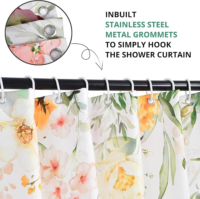 Floral Shower Curtain, Watercolor Flower Colorful Wildflower Machine Washable Waterproof Fabric for Bathroom Bathtub Decor with Hooks 72x72