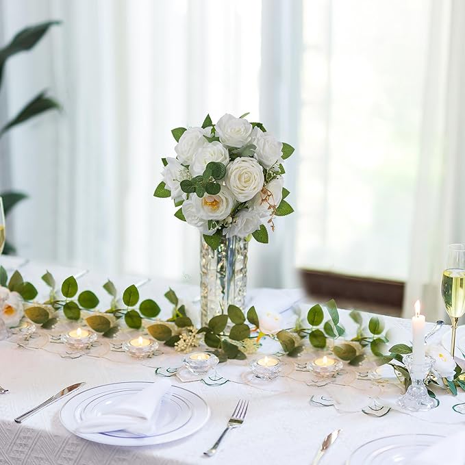 BLOSMON Artificial Flowers Ball Wedding Centerpieces 6 Pcs White Rose Artificial Flower Center Pieces Decoration for Table Silk Kissing Ball Faux Floral Bouquet Arrangements for Home Party DIY Decor