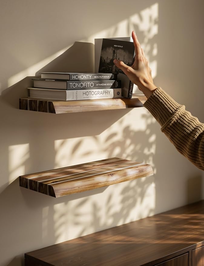 BATODA 17” Acacia Live Edge Floating Shelves, Wooden Floating Shelves for Wall - Set of 2 Floating Book Shelves, Book Shelf for Wall - Mounted Shelf, House Decor with Hardware (Natural Color)