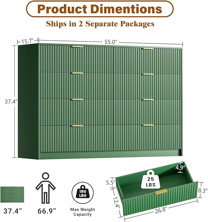 Green Dresser for Bedroom, Modern Dresser with 8 Drawers and Smooth Slides, Wide Chest of Drawers with Golden Handles for Bedroom, Closet, 15.7" D x 55" W x 37.4" H