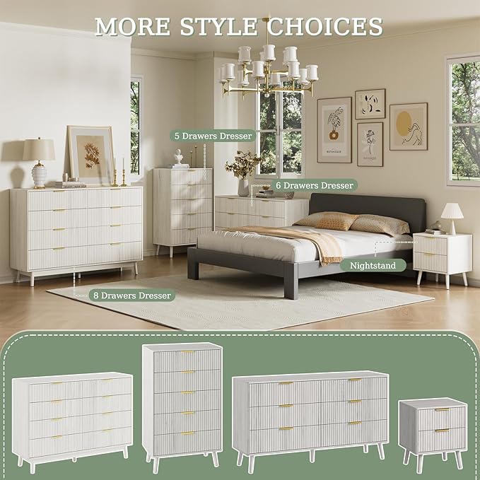 LYNSOM Fluted 8 Drawer Dresser for Bedroom, 55" Wide Modern Chest of Drawers with Curved Profile Design and Metal Handles, Wood Dresser TV Stand & Storage Organizer for Bedroom, Hallway, White