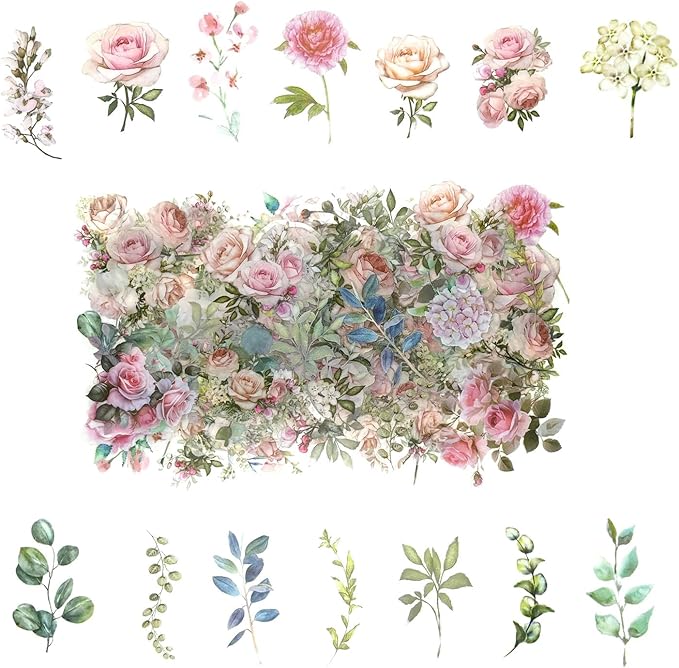 Obujopal 100 Pcs Pink Flower Stickers for Scrapbooking Junk Journal Notebook Diary Planner Letter Card Making Collage Envelope Water Bottle Phone Case Craft Decoration (Pink)