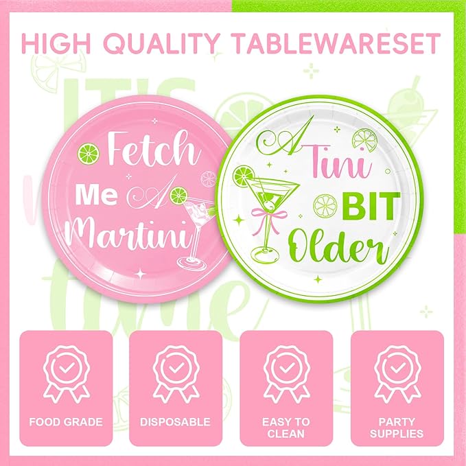 48Pcs Pink and Green Martini Birthday Party Decorations Plates A Tini Bit Older Birthday Plates Napkins Forks for 16 Guests Martini Party Supplies