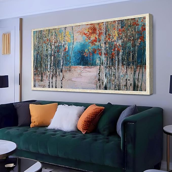 Ardemy Landscape Canvas Wall Art for Living Room Blue Forest Painting White Birch Tree Scenery Picture Modern Green Nature Artwork Bedroom Home Office Wall Decor, Large Size Wood Framed 48"x24"