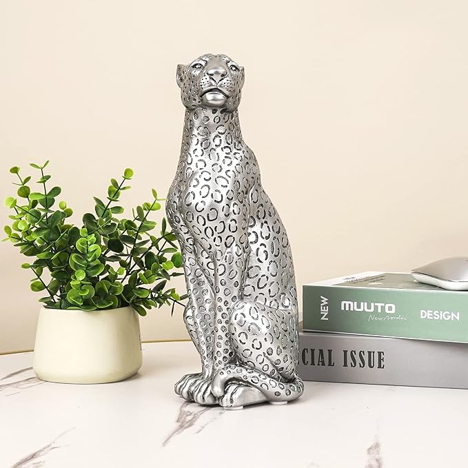 Cheetah Statue Home Decor Leopard Sculpture Resin Sitting Cheetah Figurine Desktop Table Top Ornament Decoration for Home Office Silver