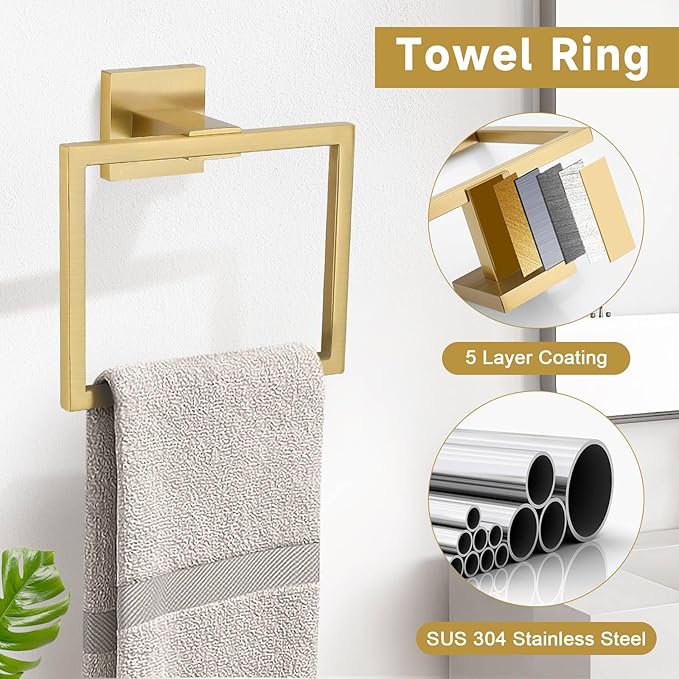 Brushed Gold 10 Pieces Bathroom Hardware Accessories Set Towel Bar Set Towel Holder&Racks Set for Bathroom,SUS304 Stainless Steel,Wall Mounted 16-Inch