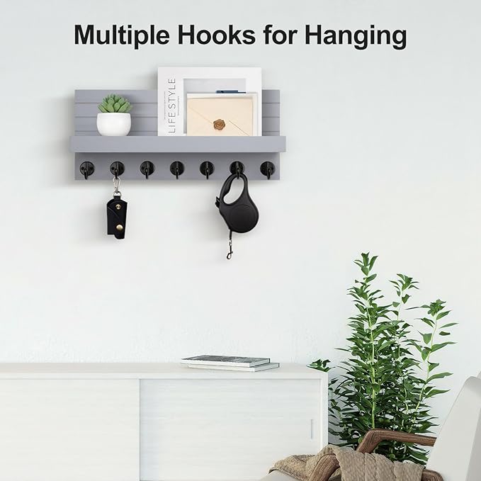 Lwenki Key Holder Wall Mount, Entryway Key and Mail Holder with 7 Sturdy Hooks for Sunglasses, Dog Leash, Decorative Wall Shelf with Mounting Hardware, 15”W x 6.7”H x 4.2”D (Gray)