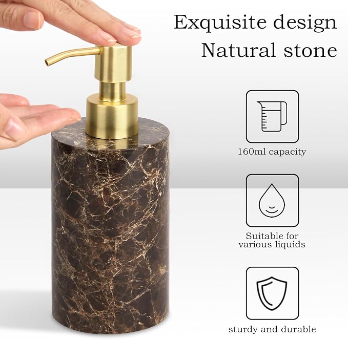 Natural Marble Soap Dispenser for Bathroom and Kitchen Countertop - 5.41 Ounces Hand Lotion and Liquid Stone Shampoo Laundry Bottle with Pump (1, Dark Brown, Cylindrical Bottle)