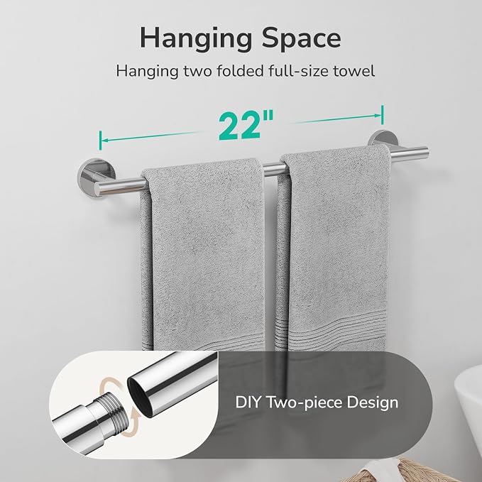 USHOWER Polished Chrome Towel Bar, 22-Inch Towel Racks for Bathroom Wall-Mounted, SUS304 Stainless Steel Towel Rod (Total Length 24-Inch)