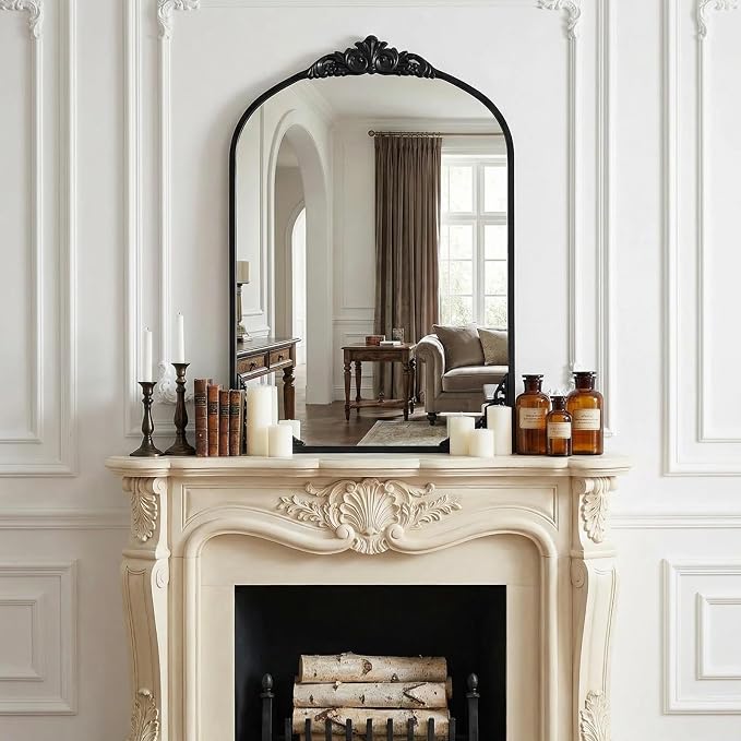 Vintage Arched Mirror 26x38 Inch Black Bathroom Mirror Antique Ornate Baroque Mirror for Living Room Entryway Bathroom Fireplace