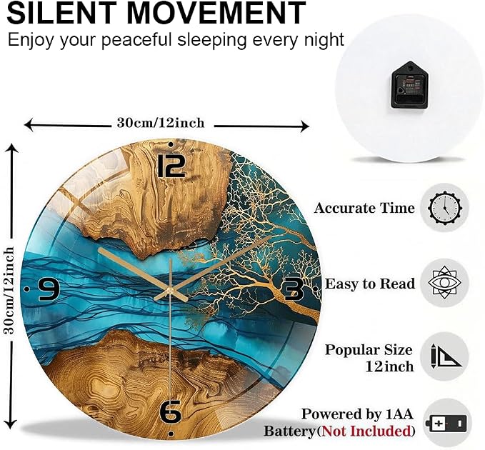 12 Inch Blue River Glass Wall Clock Silent Modern Art Decor | Silent glossy resin and wood-style wall clock perfectly tracks time, adding modern art to your living room