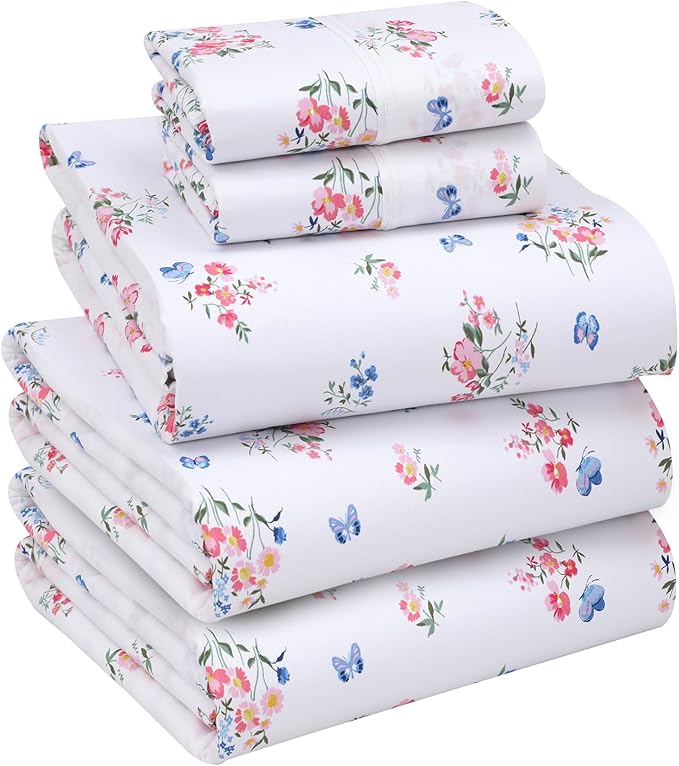 RUVANTI 100% Cotton Split King Sheets Sets for Adjustable Bed, 5 PCs, Soft & Breathable Percale Weave Bedding, Deep Pocket 16", Hotel Standard, Crisp Cool Feel & Durable, Floral Sheet, Funa Flora