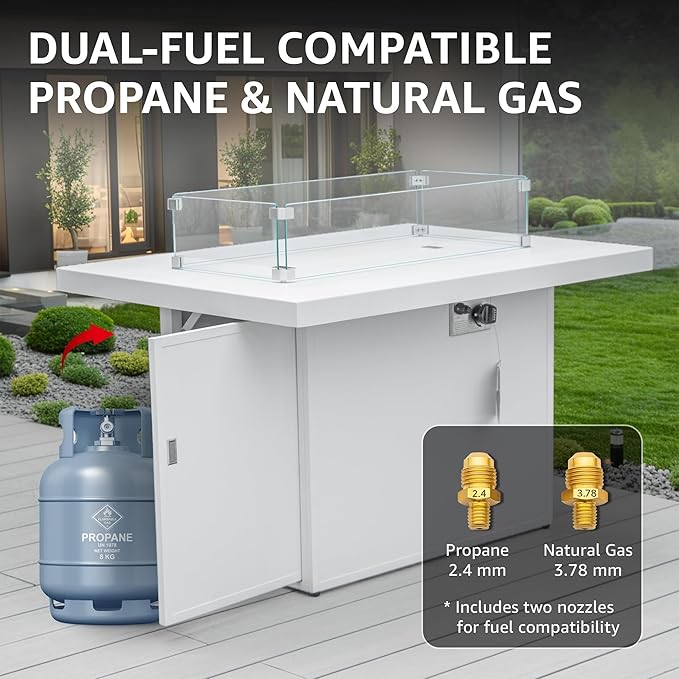 NICESOUL Aluminum Outdoor Propane Fire Pit Table, 60,000 BTU Rectangle Natural Gas Firepits, Rust-Proof All-Weather Fire Table with Wind Guard & Glass Rocks for Patio Outside CSA-Certified, White