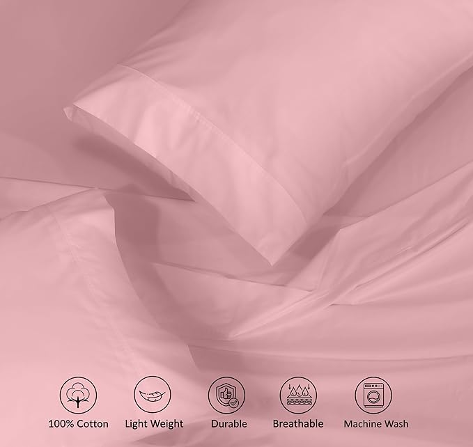 RUVANTI 100% Cotton Sheets Queen Size Set, 4 Pieces, Soft & Breathable Percale Weave Bedding, Deep Pocket 16", Hotel Standard, Crisp Cool Feeling, Durable, Perfect Dyed Bed Sheet, Bridal Rose