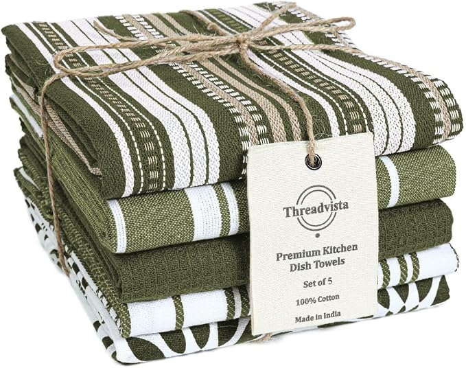 Assorted Kitchen Towels 16x26 Inch 100% Cotton Set of 5 - Dish Cloths Towels with Hanging Loop - Soft Absorbent Washable Tea Towel for Kitchen - Quick Drying Dish Towel Green