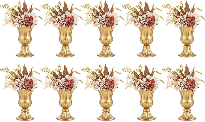 Nuptio Gold Vases for Centerpieces - 10 Pcs, 9in Height Metal Urn Planter Elegant Wedding Centerpieces for Tables - Trumpet Vase for Weddings and Party Decoration