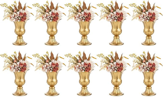 Nuptio Gold Vases for Centerpieces - 10 Pcs, 9in Height Metal Urn Planter Elegant Wedding Centerpieces for Tables - Trumpet Vase for Weddings and Party Decoration