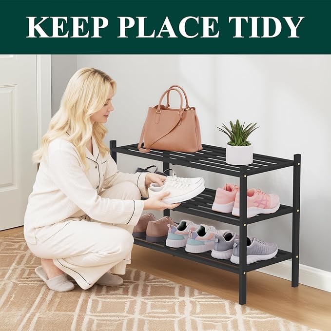Smiry Bamboo Shoe Rack 3-Tier, Stackable Wooden Shoe Organizer for Entryway & Closet, Free Standing Wood Shoe Storage Shelf for Front Door & Small Spaces, Black