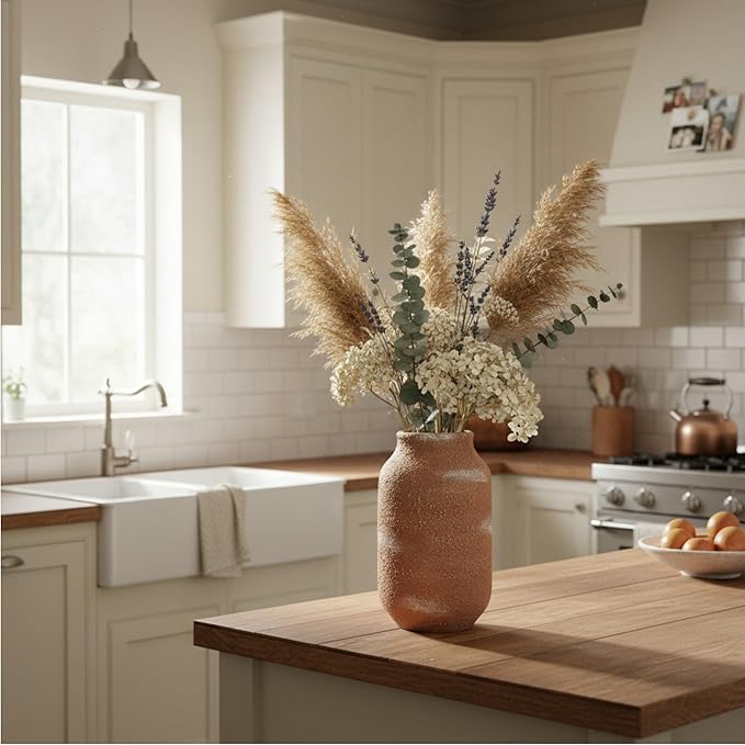 Ceramic Flower Vase,9.5 Inch Tall Rustic Farmhouse Vases for Home Decor Vintage Decorative Vases Pottery Terracotta Vases for House Living Room Decor for Kitchen Mantel Fireplace Bathroom Shelf Office