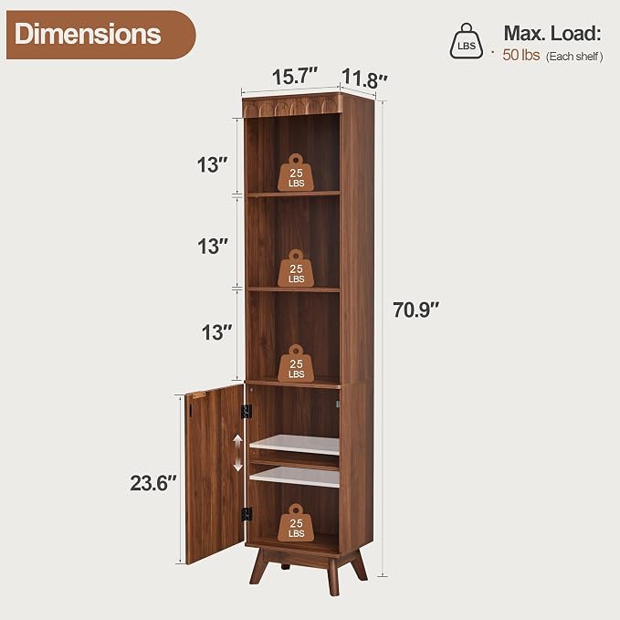 Tall Narrow Bookshelf with Door, Mid Century Modern Bookcase, 71" Slim Storage Cabinet with Adjustable Shelves, Modern Open Display Storage Organizer for Living Room Bathroom Office, Walnut
