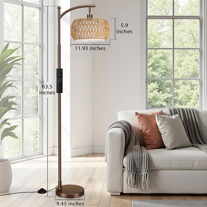 Ambimall Arc Floor Lamp for Living Room with Remote, Color Temperature & Brightness Adjustable, Bohemia Standing Lamp with Rattan & Fabric Double Drum Shades, Bulb Included(Brown)